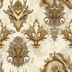 beige, cream, golden brown, dragon heads, ornate scrollwork, baroque motifs, decorative flourishes, medieval fantasy, vintage style, detailed lineart, mythical creatures, royal pattern,, fabric panel, antique finish, elaborate design, fantasy theme, ornamental elements, textured background