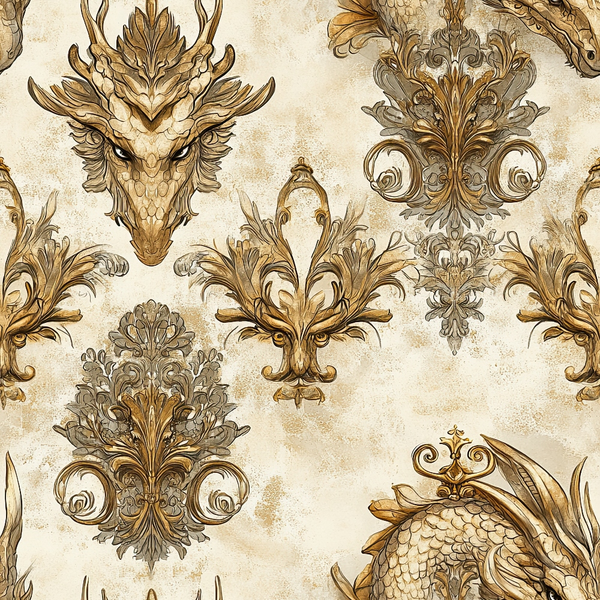 beige, cream, golden brown, dragon heads, ornate scrollwork, baroque motifs, decorative flourishes, medieval fantasy, vintage style, detailed lineart, mythical creatures, royal pattern,, fabric panel, antique finish, elaborate design, fantasy theme, ornamental elements, textured background