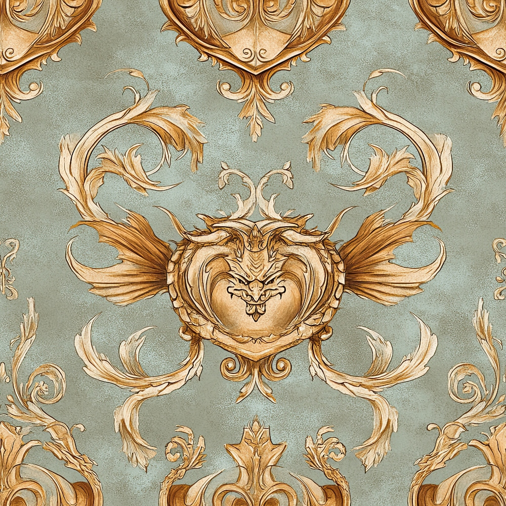 sage green, golden brown, baroque ornament, rococo scrollwork, winged heart, decorative flourishes, ornate pattern,, fabric panel, acanthus leaves, symmetrical design, elegant motifs, vintage style, intricate details, damask pattern, royal theme, decorative arts, swirling vines, ornamental wings, luxurious appearance