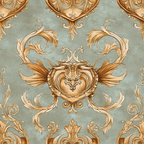 sage green, golden brown, baroque ornament, rococo scrollwork, winged heart, decorative flourishes, ornate pattern,, fabric panel, acanthus leaves, symmetrical design, elegant motifs, vintage style, intricate details, damask pattern, royal theme, decorative arts, swirling vines, ornamental wings, luxurious appearance