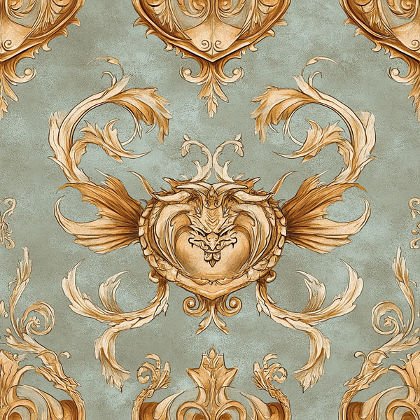 sage green, golden brown, baroque ornament, rococo scrollwork, winged heart, decorative flourishes, ornate pattern,, fabric panel, acanthus leaves, symmetrical design, elegant motifs, vintage style, intricate details, damask pattern, royal theme, decorative arts, swirling vines, ornamental wings, luxurious appearance