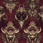 burgundy, maroon, gold, cream, dragons, mythical creatures, crowns, royal emblems, ornate scrollwork, baroque style, damask pattern, gothic aesthetic, fantasy motif,, fabric panel, regal design, decorative flourishes, vintage inspired, dark romantic, heraldic symbols