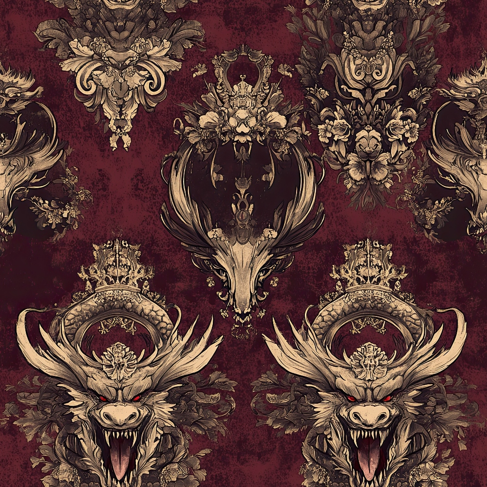 burgundy, maroon, gold, cream, dragons, mythical creatures, crowns, royal emblems, ornate scrollwork, baroque style, damask pattern, gothic aesthetic, fantasy motif,, fabric panel, regal design, decorative flourishes, vintage inspired, dark romantic, heraldic symbols