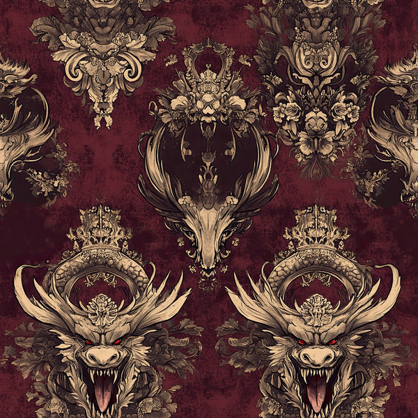 burgundy, maroon, gold, cream, dragons, mythical creatures, crowns, royal emblems, ornate scrollwork, baroque style, damask pattern, gothic aesthetic, fantasy motif,, fabric panel, regal design, decorative flourishes, vintage inspired, dark romantic, heraldic symbols