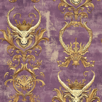 purple, gold, dragon heads, ornate scrollwork, baroque pattern, crowned dragons, fantasy creatures, luxurious design,, fabric panel, majestic, regal motif, decorative flourishes, vintage texture, mythical beasts, royal crowns, elaborate ornamentation, damask style