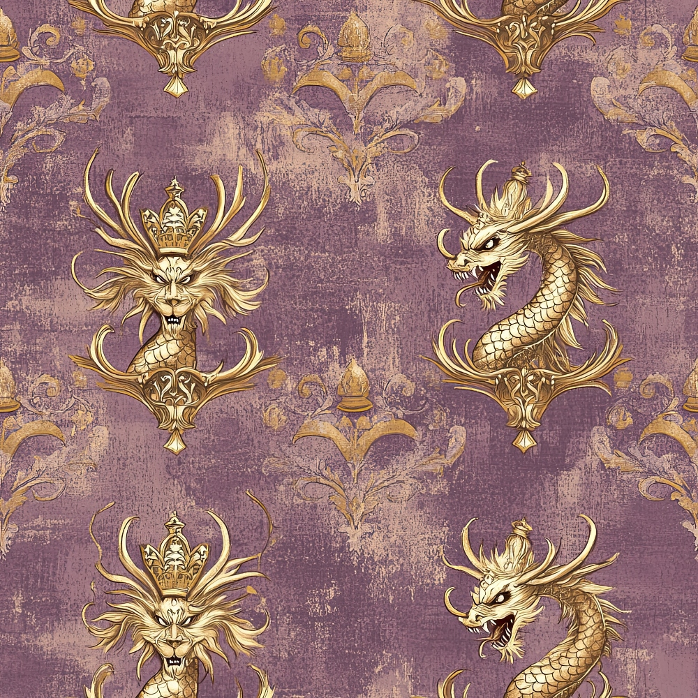 purple background, gold accents, dragons, lions, crowns, royal motifs, ornate patterns, damask design, mythical creatures, regal theme, vintage texture, decorative scrollwork, majestic animals, fantasy elements,, fabric panel, luxurious feel, baroque style, medieval inspired, serpentine dragons