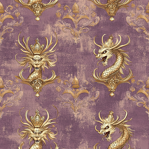 purple background, gold accents, dragons, lions, crowns, royal motifs, ornate patterns, damask design, mythical creatures, regal theme, vintage texture, decorative scrollwork, majestic animals, fantasy elements,, fabric panel, luxurious feel, baroque style, medieval inspired, serpentine dragons