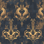 navy blue, gold, bronze, damask pattern, dragon motifs, mythical creatures, ornate scrollwork, baroque style, vintage texture, distressed finish,, fabric panel, regal design, symmetrical repeat, decorative flourishes, fantasy theme, antique appearance, luxurious pattern, heraldic elements