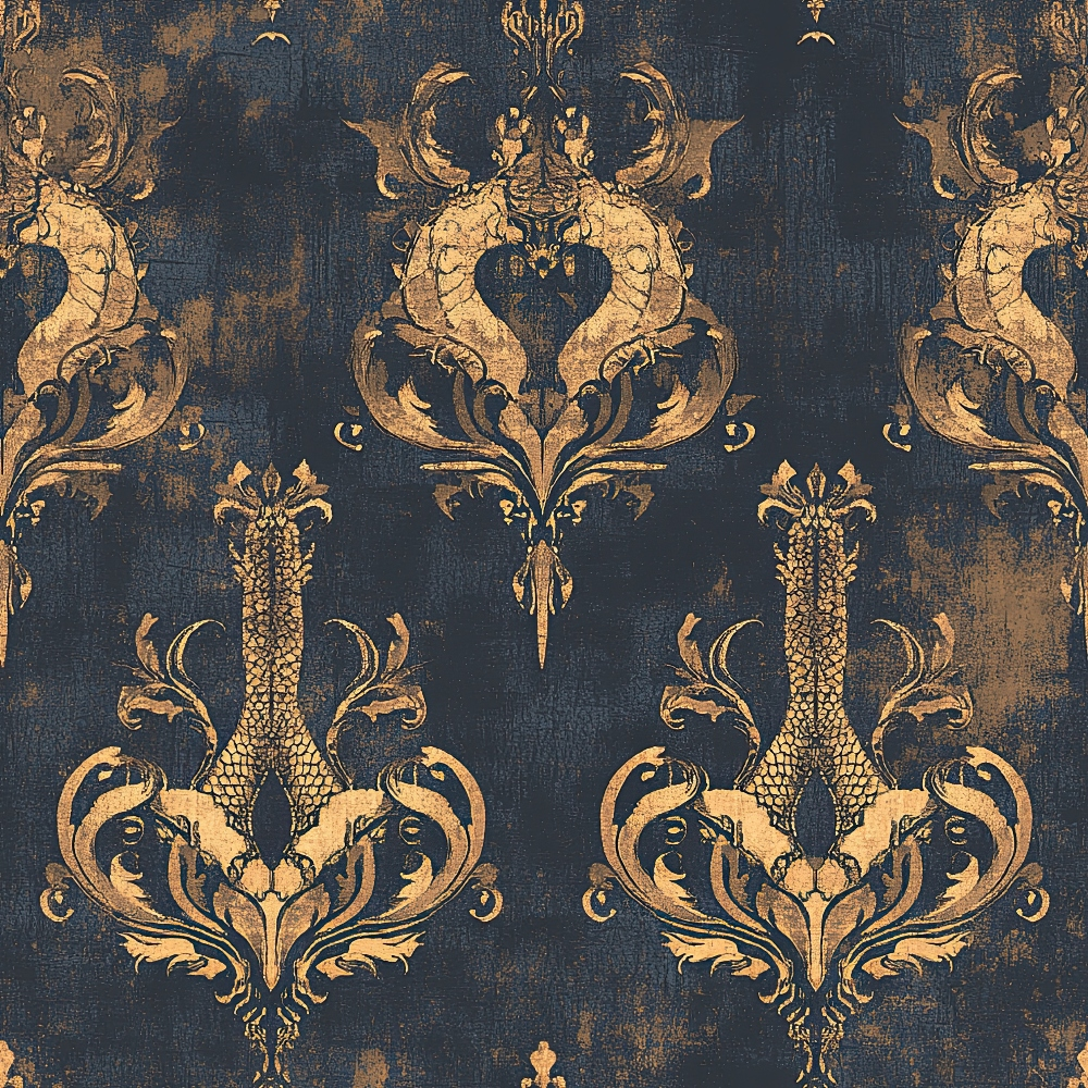 navy blue, gold, bronze, damask pattern, dragon motifs, mythical creatures, ornate scrollwork, baroque style, vintage texture, distressed finish,, fabric panel, regal design, symmetrical repeat, decorative flourishes, fantasy theme, antique appearance, luxurious pattern, heraldic elements