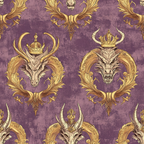 purple background, gold accents, dragon heads, ornate crowns, baroque flourishes, royal motif, fantasy creatures, horned dragons, decorative scrollwork,, fabric panel, regal pattern, mythical beasts, vintage texture, ornamental design, majestic theme, reptilian features, crown jewels, gothic elements