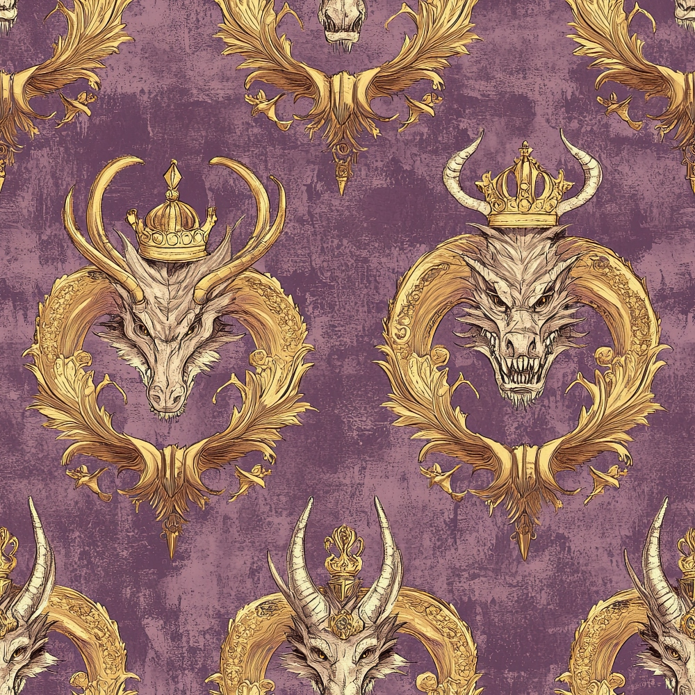 purple background, gold accents, dragon heads, ornate crowns, baroque flourishes, royal motif, fantasy creatures, horned dragons, decorative scrollwork,, fabric panel, regal pattern, mythical beasts, vintage texture, ornamental design, majestic theme, reptilian features, crown jewels, gothic elements
