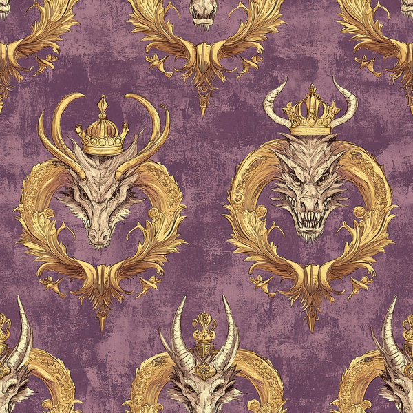 purple background, gold accents, dragon heads, ornate crowns, baroque flourishes, royal motif, fantasy creatures, horned dragons, decorative scrollwork,, fabric panel, regal pattern, mythical beasts, vintage texture, ornamental design, majestic theme, reptilian features, crown jewels, gothic elements
