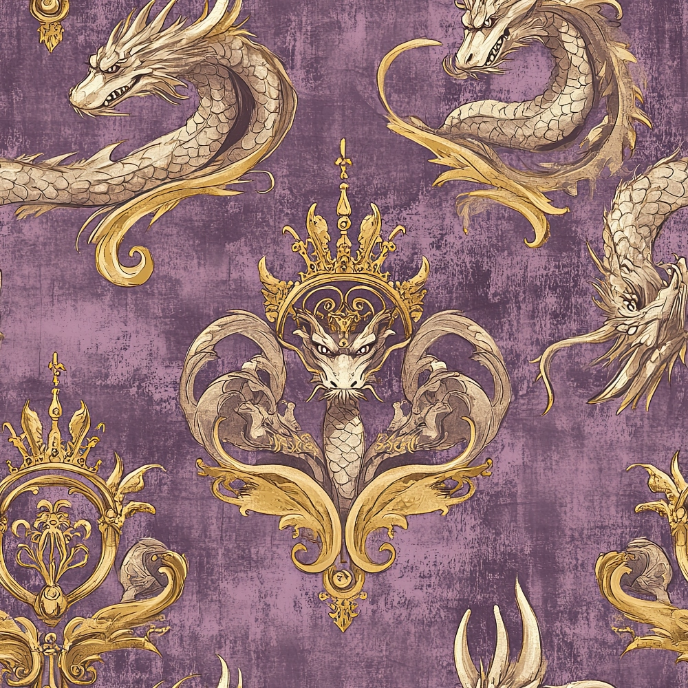 purple background, golden dragons, ornate crowns, baroque pattern, regal motifs,, fabric panel, mythical creatures, decorative scrollwork, vintage texture, majestic design, royal purple, antique gold, serpentine dragons, heraldic style, fantasy theme, ornamental details, scales texture, flowing ribbons, medieval inspired