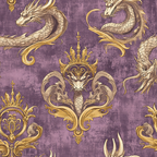 purple background, golden dragons, ornate crowns, baroque pattern, regal motifs,, fabric panel, mythical creatures, decorative scrollwork, vintage texture, majestic design, royal purple, antique gold, serpentine dragons, heraldic style, fantasy theme, ornamental details, scales texture, flowing ribbons, medieval inspired