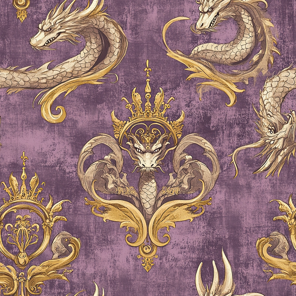 purple background, golden dragons, ornate crowns, baroque pattern, regal motifs,, fabric panel, mythical creatures, decorative scrollwork, vintage texture, majestic design, royal purple, antique gold, serpentine dragons, heraldic style, fantasy theme, ornamental details, scales texture, flowing ribbons, medieval inspired