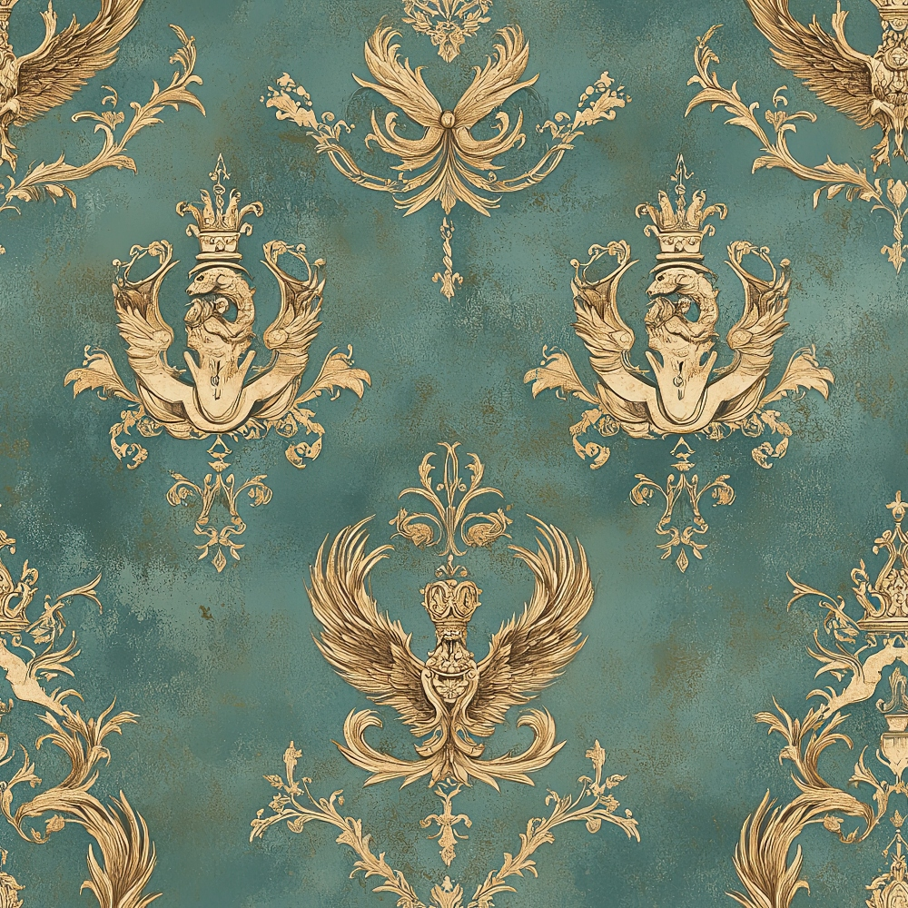 sage green, gold, teal, ornate patterns, baroque style, decorative motifs, crowns, winged creatures, mythical beasts, dragons, heraldic designs, royal emblems, vintage style, elegant, luxurious,, fabric panel, renaissance inspired, regal motifs, antique finish