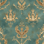 sage green, gold, teal, ornate patterns, baroque style, decorative motifs, crowns, winged creatures, mythical beasts, dragons, heraldic designs, royal emblems, vintage style, elegant, luxurious,, fabric panel, renaissance inspired, regal motifs, antique finish