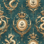 teal background, gold accents, dragons, crowns, royal medallions, ornate frames, baroque style, regal pattern,, fabric panel, mythical creatures, decorative scrollwork, vintage inspired, elegant motifs, repetitive design, luxurious feel, fantasy theme, heraldic elements, ornamental borders