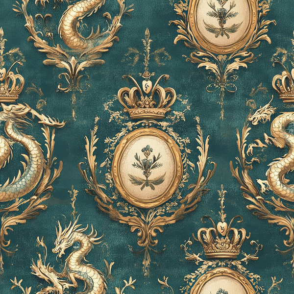 teal background, gold accents, dragons, crowns, royal medallions, ornate frames, baroque style, regal pattern,, fabric panel, mythical creatures, decorative scrollwork, vintage inspired, elegant motifs, repetitive design, luxurious feel, fantasy theme, heraldic elements, ornamental borders