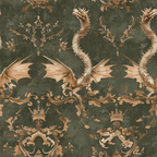 sage green, bronze, copper, dragons, winged creatures, crowns, royal motifs, ornate scrollwork, baroque pattern, medieval fantasy, heraldic design, mythical beasts, decorative flourishes, vintage damask,, fabric panel, fantasy theme, regal elements, distressed texture, ornamental design
