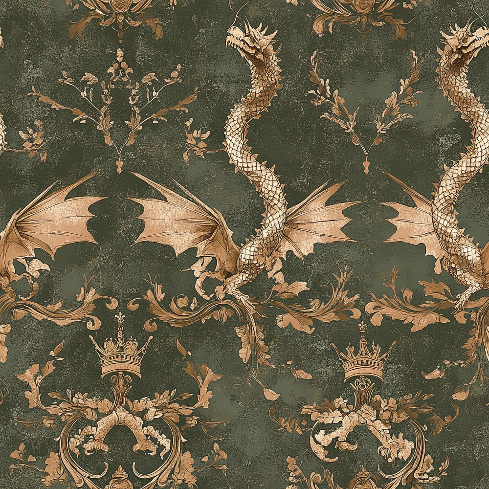sage green, bronze, copper, dragons, winged creatures, crowns, royal motifs, ornate scrollwork, baroque pattern, medieval fantasy, heraldic design, mythical beasts, decorative flourishes, vintage damask,, fabric panel, fantasy theme, regal elements, distressed texture, ornamental design