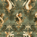 sage green, cream, brown, gold, dragons, crowns, royal motif, ornate scrollwork, floral elements, vintage style, decorative pattern, mythical creatures, regal design,, fabric panel, baroque flourishes, antique finish, repetitive design, fantasy theme, imperial motifs