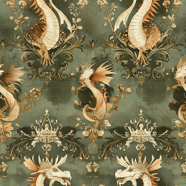 sage green, cream, brown, gold, dragons, crowns, royal motif, ornate scrollwork, floral elements, vintage style, decorative pattern, mythical creatures, regal design,, fabric panel, baroque flourishes, antique finish, repetitive design, fantasy theme, imperial motifs