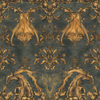 charcoal gray, golden brown, ornate damask, baroque pattern, dragon motifs, mythical creatures, scrollwork, acanthus leaves, symmetrical design, regal style, decorative flourishes,, fabric panel, luxurious texture, vintage inspired, heraldic elements, gothic aesthetic, rich contrast, ornamental design, repeating motif