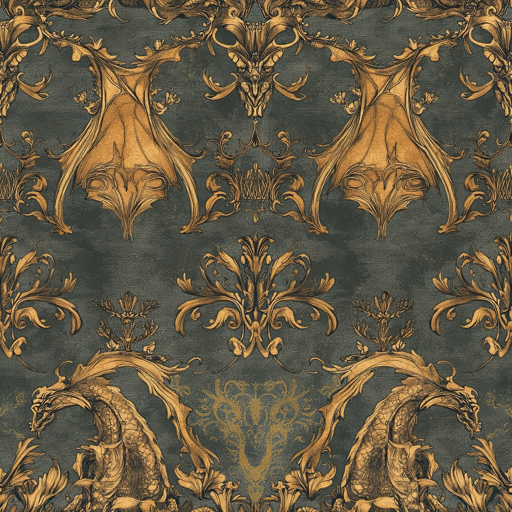 charcoal gray, golden brown, ornate damask, baroque pattern, dragon motifs, mythical creatures, scrollwork, acanthus leaves, symmetrical design, regal style, decorative flourishes,, fabric panel, luxurious texture, vintage inspired, heraldic elements, gothic aesthetic, rich contrast, ornamental design, repeating motif