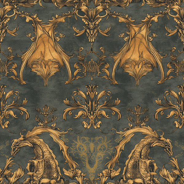 charcoal gray, golden brown, ornate damask, baroque pattern, dragon motifs, mythical creatures, scrollwork, acanthus leaves, symmetrical design, regal style, decorative flourishes,, fabric panel, luxurious texture, vintage inspired, heraldic elements, gothic aesthetic, rich contrast, ornamental design, repeating motif