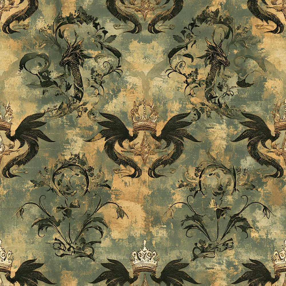 sage green, golden yellow, aged patina, dragons, crowns, royal motifs, ornate scrollwork, vintage damask, mythical creatures, regal pattern,, fabric panel, distressed texture, heraldic design, fantasy theme, serpentine dragons, decorative flourishes, antique finish, medieval inspired