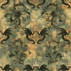 sage green, golden yellow, aged patina, dragons, crowns, royal motifs, ornate scrollwork, vintage damask, mythical creatures, regal pattern,, fabric panel, distressed texture, heraldic design, fantasy theme, serpentine dragons, decorative flourishes, antique finish, medieval inspired