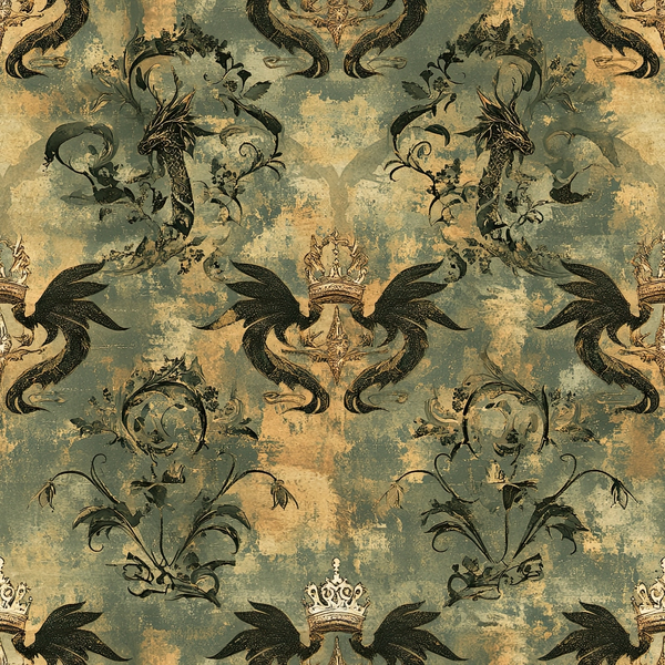 sage green, golden yellow, aged patina, dragons, crowns, royal motifs, ornate scrollwork, vintage damask, mythical creatures, regal pattern,, fabric panel, distressed texture, heraldic design, fantasy theme, serpentine dragons, decorative flourishes, antique finish, medieval inspired