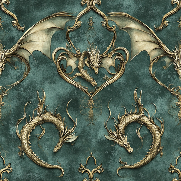 teal green, gold metallic, dragons, winged dragon, ornate scrollwork, baroque flourishes, heart motifs, fantasy creatures, regal pattern,, fabric panel, mythical beasts, decorative swirls, elegant design, luxury aesthetic, reptilian scales, medieval inspired, ornamental borders, seamless repeat