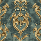 sage green, antique gold, dragons, baroque ornaments, medieval fantasy, gothic style, ornate frames, mythical creatures, winged beasts, decorative scrollwork, vintage damask, heraldic design, regal pattern,, fabric panel, luxurious motifs, fantasy theme, ornamental border, elaborate details, royal crest