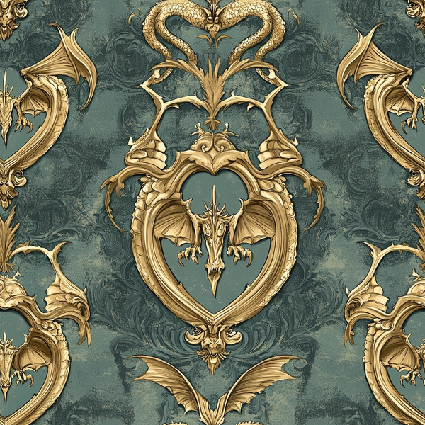 sage green, antique gold, dragons, baroque ornaments, medieval fantasy, gothic style, ornate frames, mythical creatures, winged beasts, decorative scrollwork, vintage damask, heraldic design, regal pattern,, fabric panel, luxurious motifs, fantasy theme, ornamental border, elaborate details, royal crest