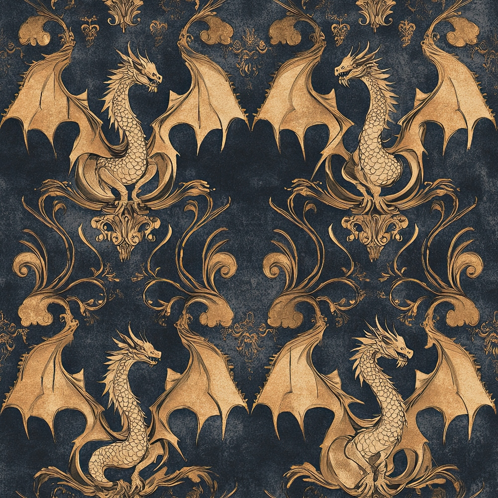 navy blue, golden brown, dragons, winged creatures, ornate scrollwork, baroque flourishes, symmetrical pattern, mythical beasts, decorative motifs,, fabric panel, regal design, fantasy theme, intricate details, vintage style, damask pattern, heraldic elements, luxurious appearance, repeating motif