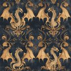 navy blue, golden brown, dragons, winged creatures, ornate scrollwork, baroque flourishes, symmetrical pattern, mythical beasts, decorative motifs,, fabric panel, regal design, fantasy theme, intricate details, vintage style, damask pattern, heraldic elements, luxurious appearance, repeating motif