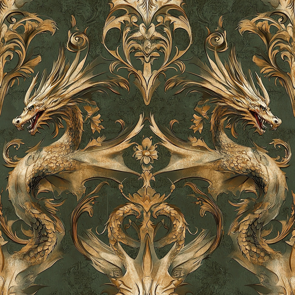dragons, emerald green, gold, bronze, ornate scrollwork, baroque pattern, mythical creatures, serpentine, scales, flowing manes, decorative flourishes, symmetrical design, regal motifs, fantasy theme,, fabric panel, intricate detailing, medieval inspired, luxurious feel