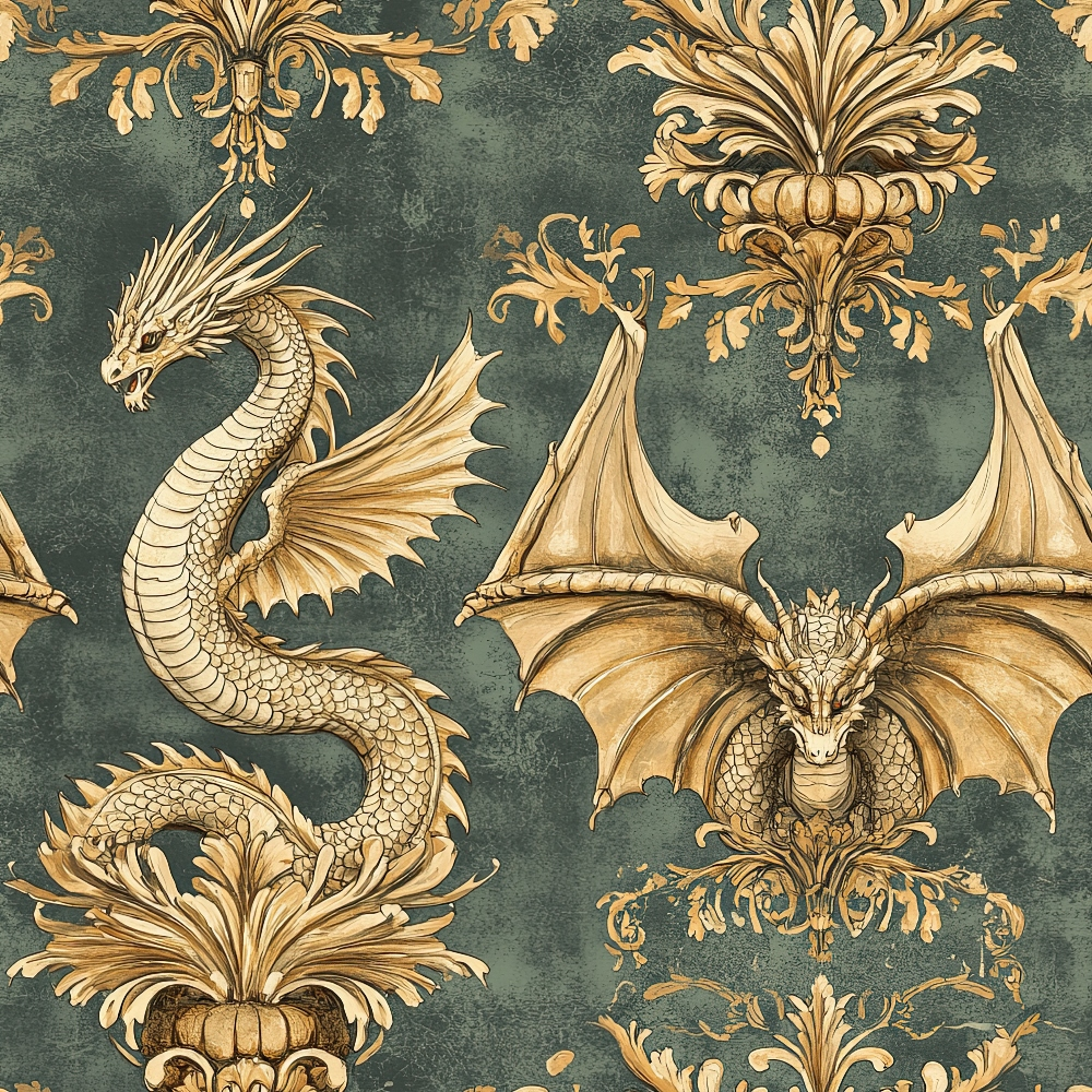dark green, golden yellow, dragons, ornate scrollwork, baroque flourishes, vintage wallpaper style, mythical creatures, decorative damask,, fabric panel, antique finish, heraldic design, renaissance motifs, winged dragons, scaled creatures, ornamental pattern, gothic elements, luxury fabric, medieval inspired