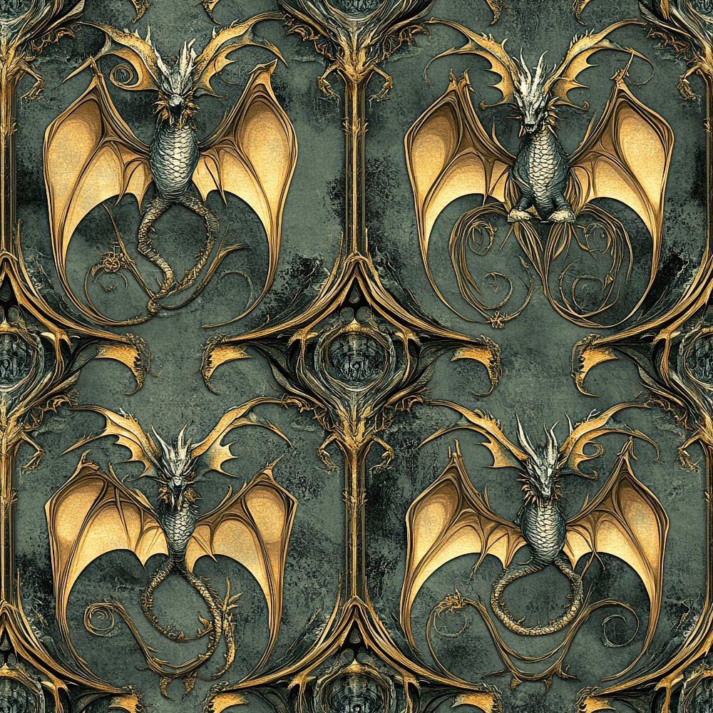 dragons, gothic fantasy, emerald green, golden yellow, ornate pattern, mythical creatures, winged beasts, decorative scrollwork, medieval style,, fabric panel, dark fantasy, serpentine tails, intricate details, vintage inspired, royal motifs, baroque elements, fantasy art, cotton fabric, repeating pattern