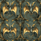 dragons, gothic fantasy, emerald green, golden yellow, ornate pattern, mythical creatures, winged beasts, decorative scrollwork, medieval style,, fabric panel, dark fantasy, serpentine tails, intricate details, vintage inspired, royal motifs, baroque elements, fantasy art, cotton fabric, repeating pattern