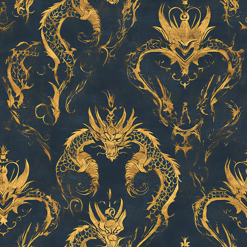 navy blue, golden yellow, dragons, mythical creatures, ornate pattern, repeating motif, scales, serpentine, baroque style, decorative scrollwork, regal design, fantasy theme,, fabric panel, luxurious feel, intricate details, medieval inspired, ornamental flourishes, royal aesthetic, vintage texture