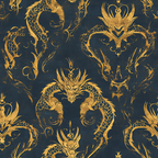 navy blue, golden yellow, dragons, mythical creatures, ornate pattern, repeating motif, scales, serpentine, baroque style, decorative scrollwork, regal design, fantasy theme,, fabric panel, luxurious feel, intricate details, medieval inspired, ornamental flourishes, royal aesthetic, vintage texture