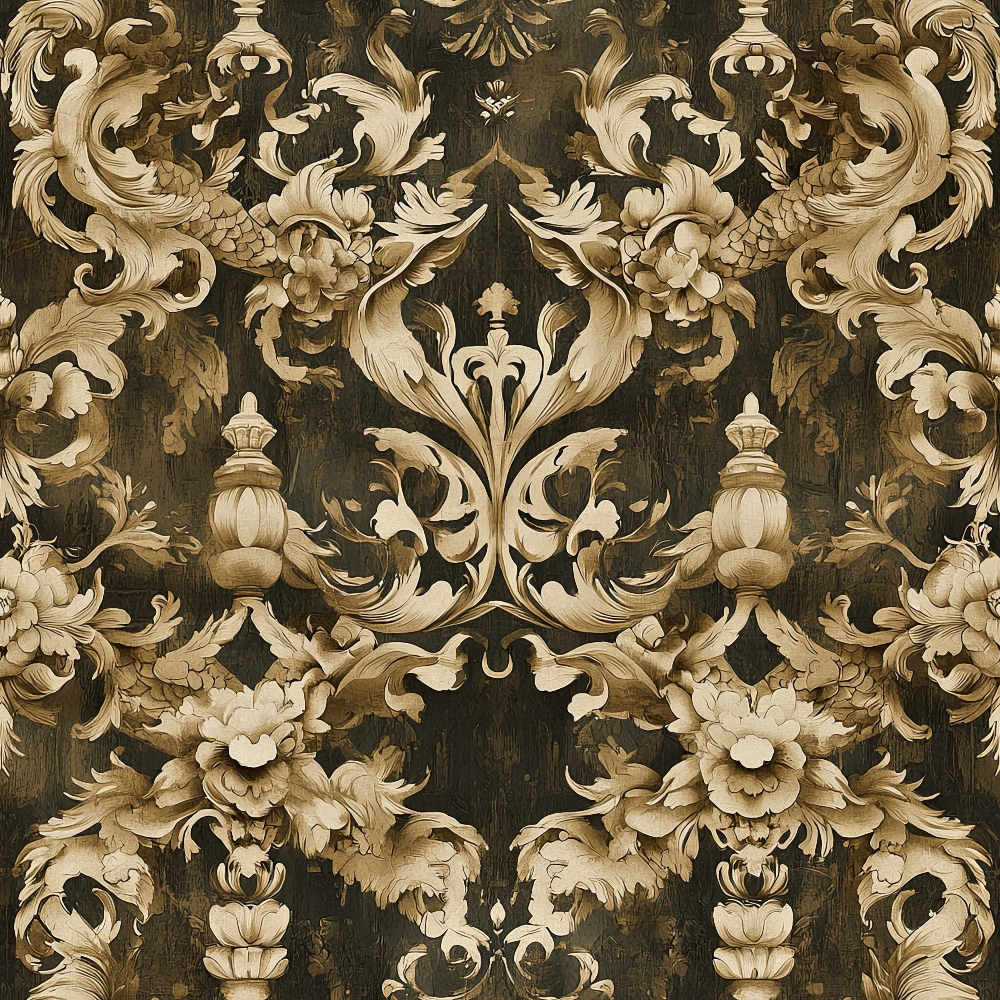 brown, beige, tan, cream, baroque pattern, ornate scrollwork, floral motifs, decorative urns, acanthus leaves, damask design, vintage style, elegant flourishes, symmetrical design, luxurious pattern,, fabric panel, ornamental details, swirling vines, decorative elements