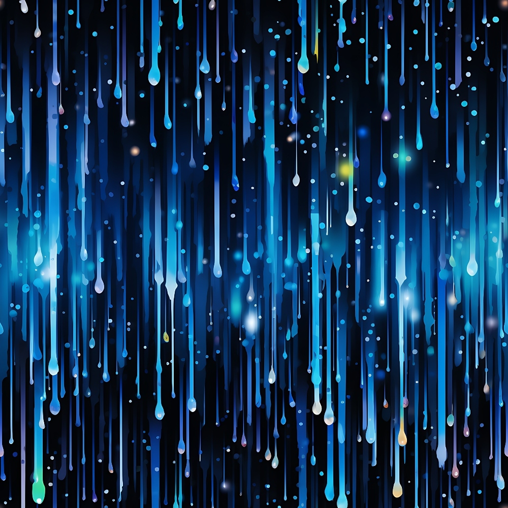 navy blue, turquoise, electric blue, cyan, dripping pattern, liquid drops, rain effect, flowing design, abstract pattern, cosmic background, starry night, celestial theme, contemporary art, modern design,, fabric panel, cosmic blue, water droplets, streaming lines, artistic print