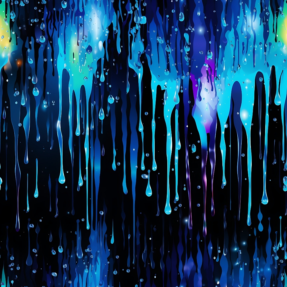 dripping liquid, blue fabric, cosmic background, water droplets, flowing paint, neon blue, electric blue, purple accents, space nebula, abstract pattern,, fabric panel, luminous effects, digital art style, contemporary design, liquid motion, droplet texture, starry night, iridescent colors, modern abstract