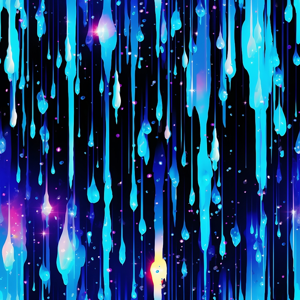 dripping liquid, blue tones, turquoise, navy blue, cosmic purple, starry background, abstract pattern, flowing droplets, mystical atmosphere,, fabric panel, celestial theme, luminous effects, vertical drips, space-like design, ethereal mood, contemporary style, liquid motion, magical elements