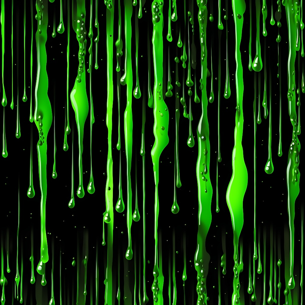 green, black, dripping, liquid, slime, drops, flowing, vertical stripes, glossy, wet effect, abstract pattern, bright green, neon green, dark background, splashing, gravity effect,, fabric panel, viscous, streaming