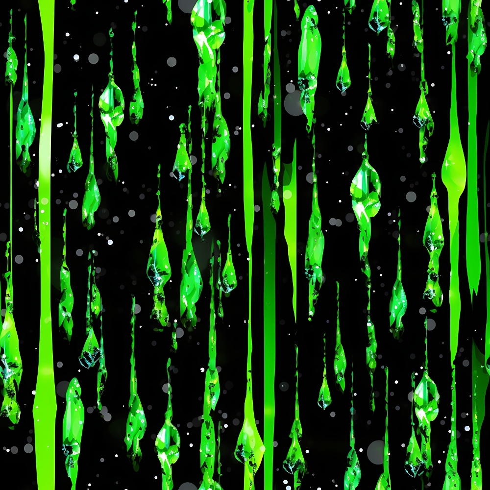 bright green, neon green, lime green, black background, dripping liquid, paint drips, vertical drips, abstract pattern, modern design, contemporary art, flowing shapes, dynamic movement,, fabric panel, artistic print, liquid effect, streaking pattern, vibrant colors, geometric shapes, digital art style